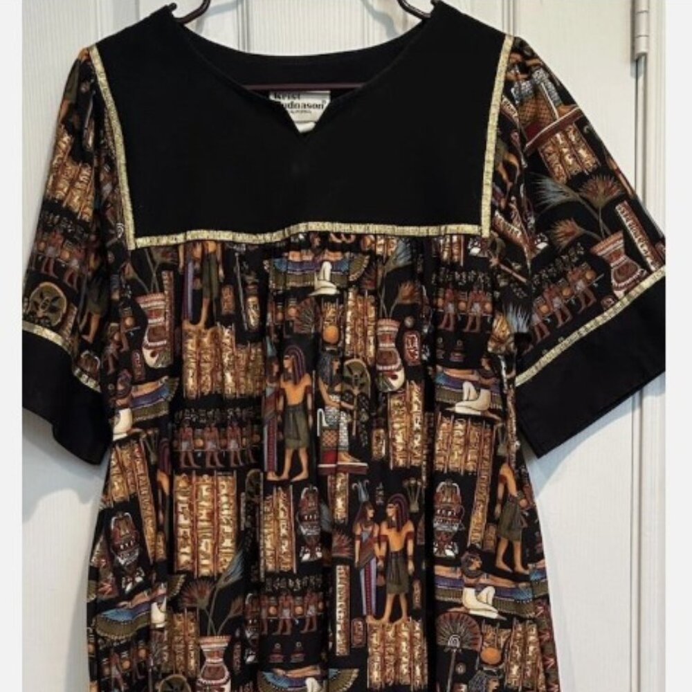 Vintage Krist Gudnason Egyptian Pharaoh MuuMuu Kaftan Dress Womens S Black Gold
